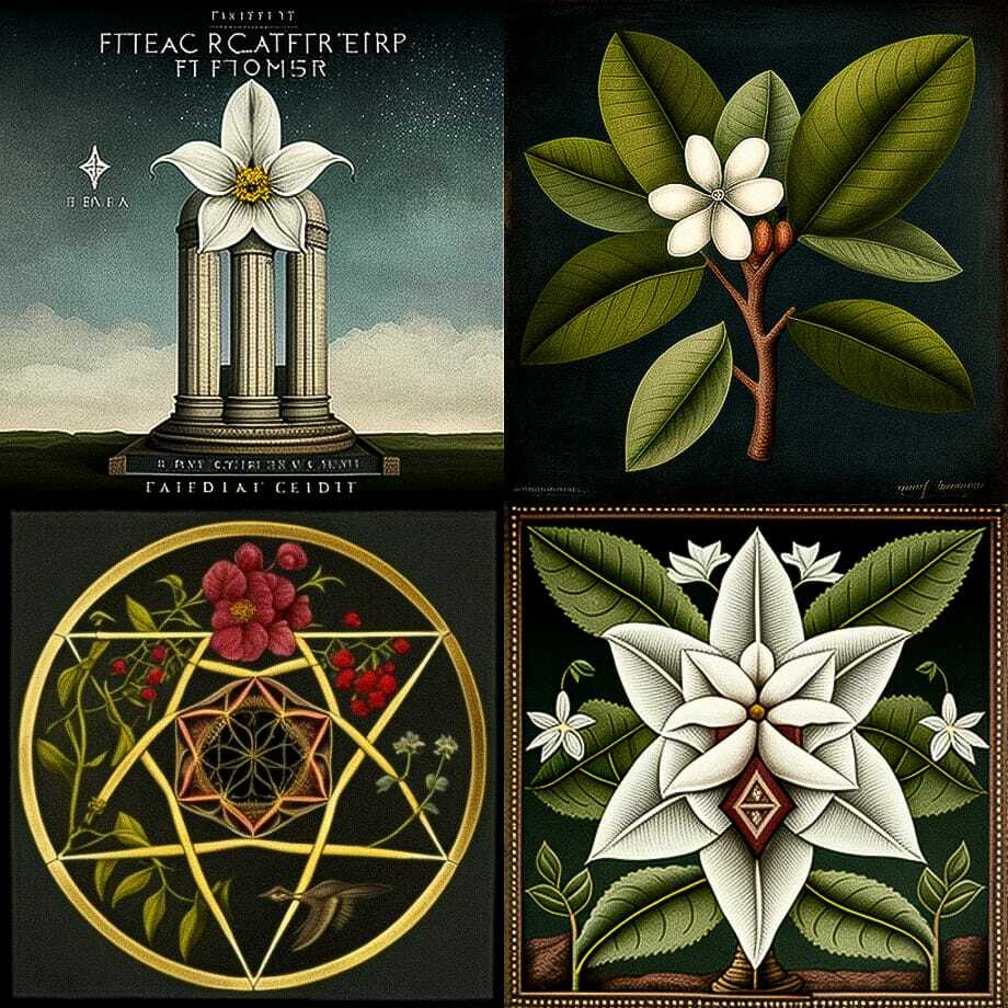 Midjourney prompt engineering showcasing Flower of Eternity by Mark Catesby with --chaos 66, exploring artistic styles and variability.