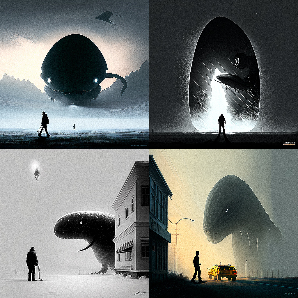 Midjourney prompt engineering for extraterrestrial encounters, showcasing --chaos 0 variability in artistic styles.