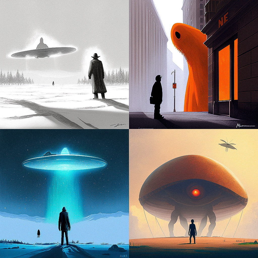 Midjourney prompt engineering for extraterrestrial themes, showcasing --chaos 66 variability in artistic styles.