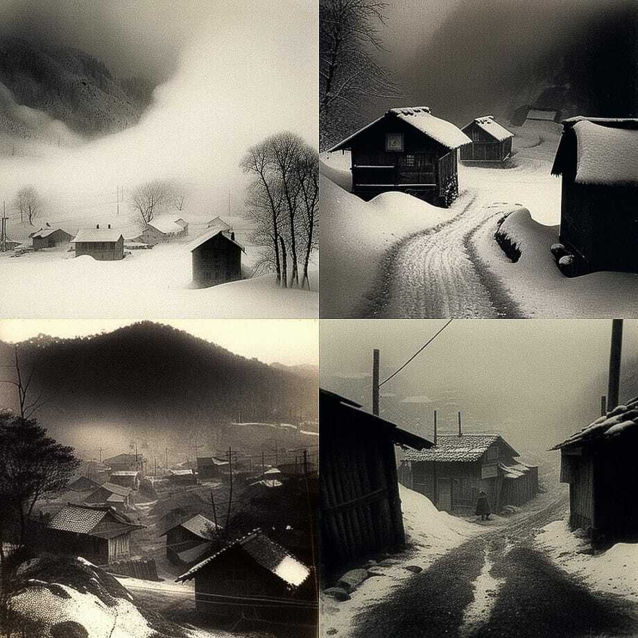 Japanese mountain village in snow and fog, Midjourney prompt with --chaos 33, exploring artistic styles and variability.