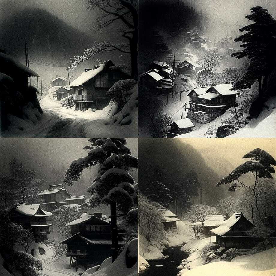 Japanese mountain village in snow and fog, Midjourney prompt --chaos 0, showcasing artistic styles and image generation variability.