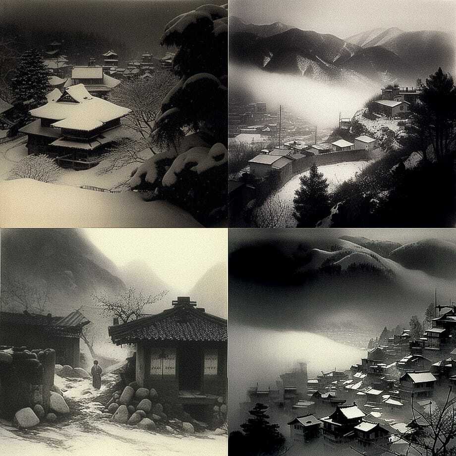 Japanese mountain village in snow and fog by Josef Sudek, Midjourney prompt with --chaos 99 for artistic style variability.