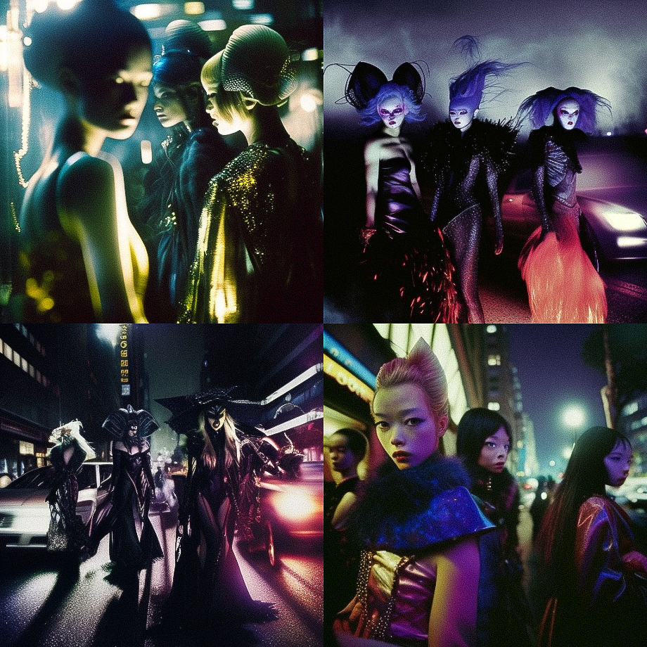 Midjourney prompt showcasing Tokyo witches in high-fashion, night scenes, --chaos 33, emphasizing artistic styles and image generation variability.