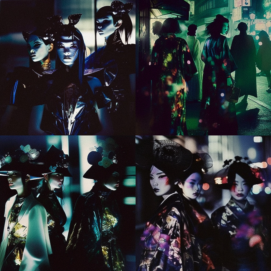 Midjourney prompt showcasing Tokyo witches nightlife, --chaos 0, exploring artistic styles, variability, and prompt engineering techniques.