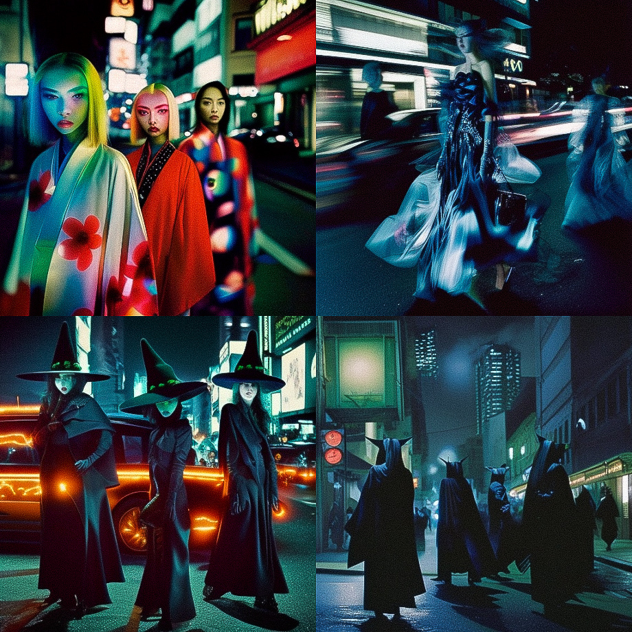 Midjourney prompt showcasing Tokyo witches nightlife with --chaos 66, blending styles and artistic influences.