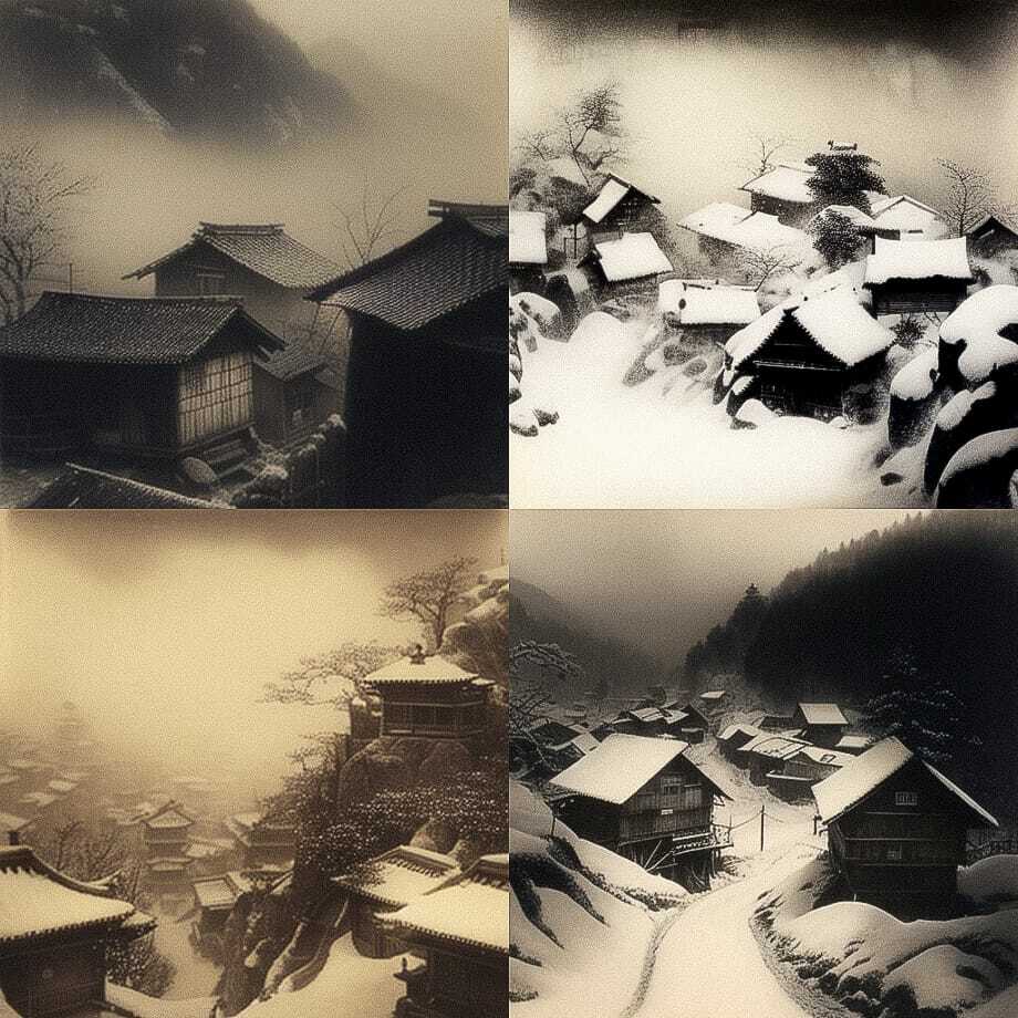 Japanese mountain village in snow and fog by Josef Sudek, Midjourney prompt with --chaos 66 for artistic variability.