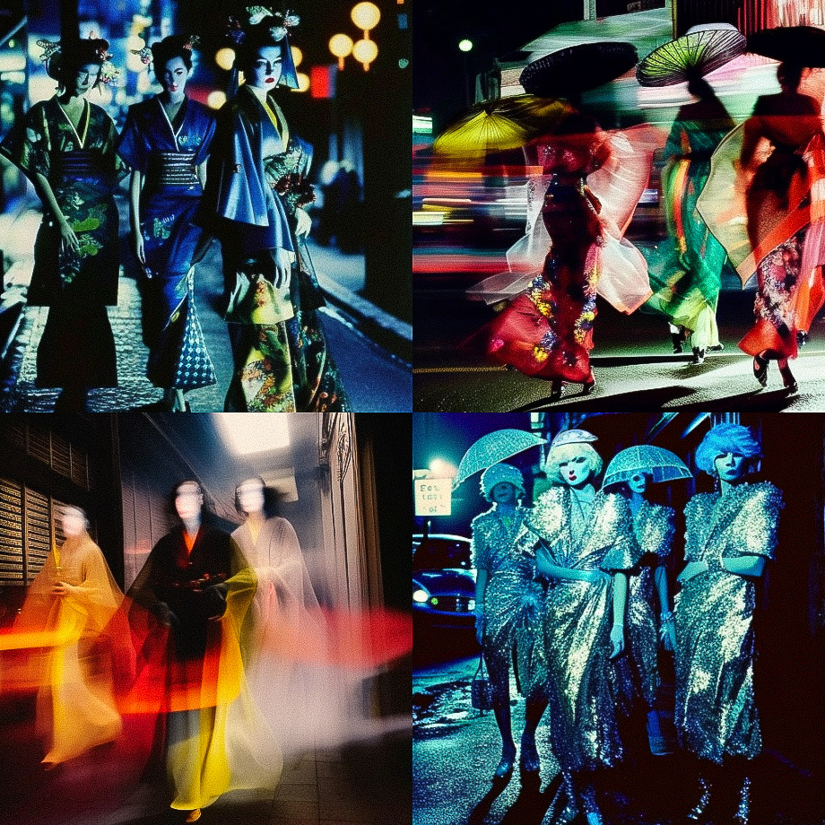 Tokyo witches night out --chaos 99 prompt showcasing Midjourney artistic styles, variability, and prompt engineering techniques.