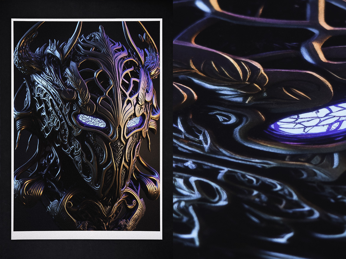 Midjourney prompt showcasing intricate AI-generated armor design with detailed textures and lighting effects for high-quality prints.