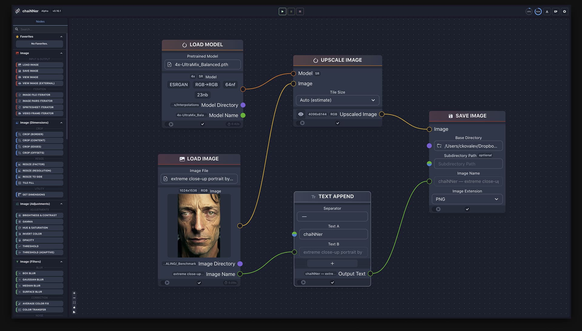 chaiNNer main window showcasing node-based upscaling workflow for Midjourney AI image processing and prompt management.