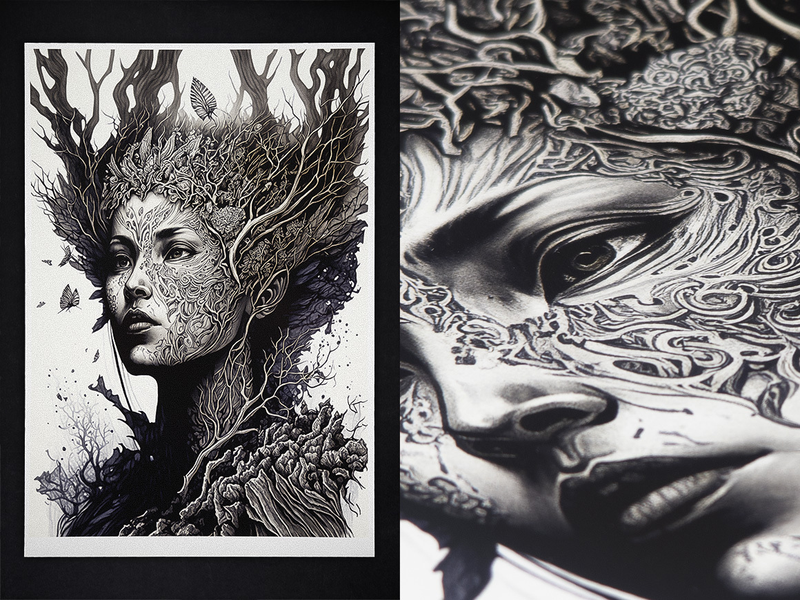 Midjourney prompt for AI-generated art featuring intricate details of a woman with nature elements.