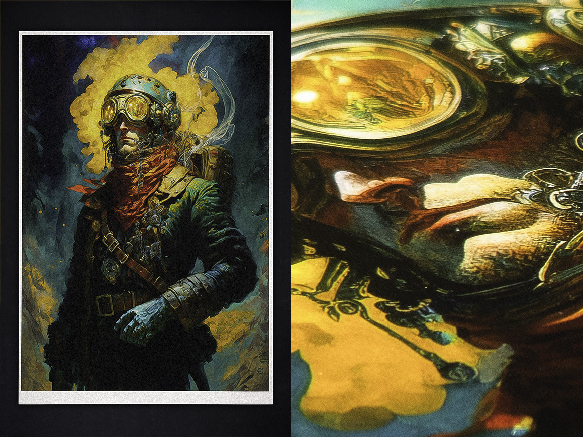 Midjourney prompt for steampunk character design, showcasing detailed goggles and vibrant colors, emphasizing AI art techniques.