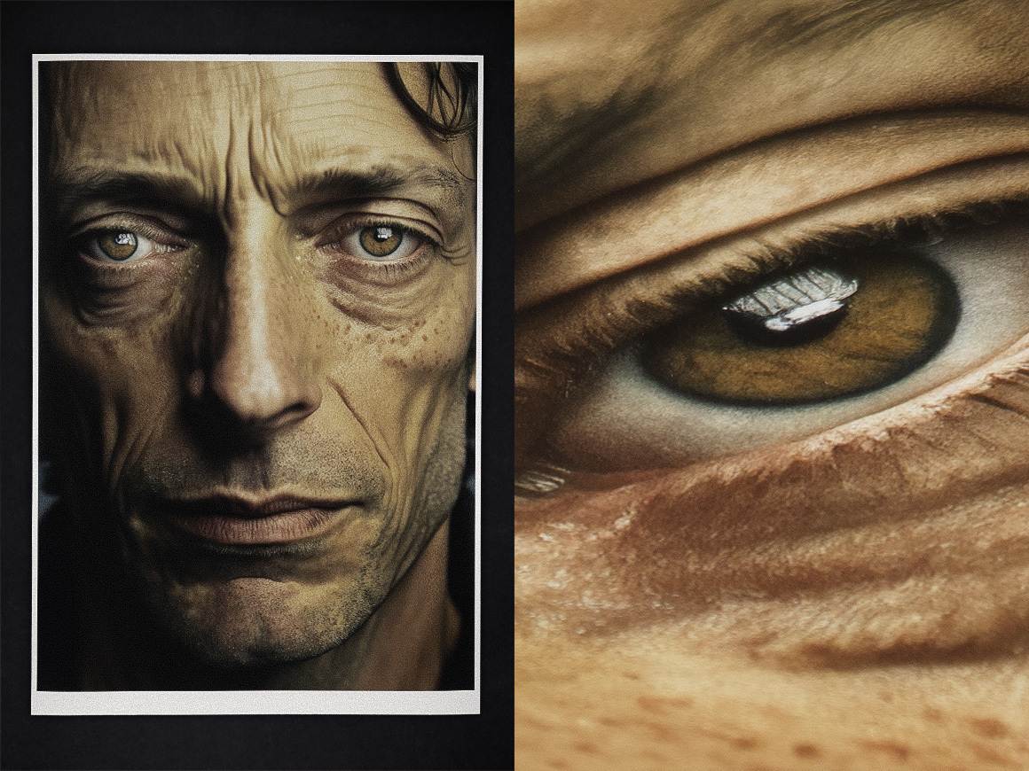 Midjourney prompt showcasing detailed facial features and eye close-up for AI-generated art analysis.