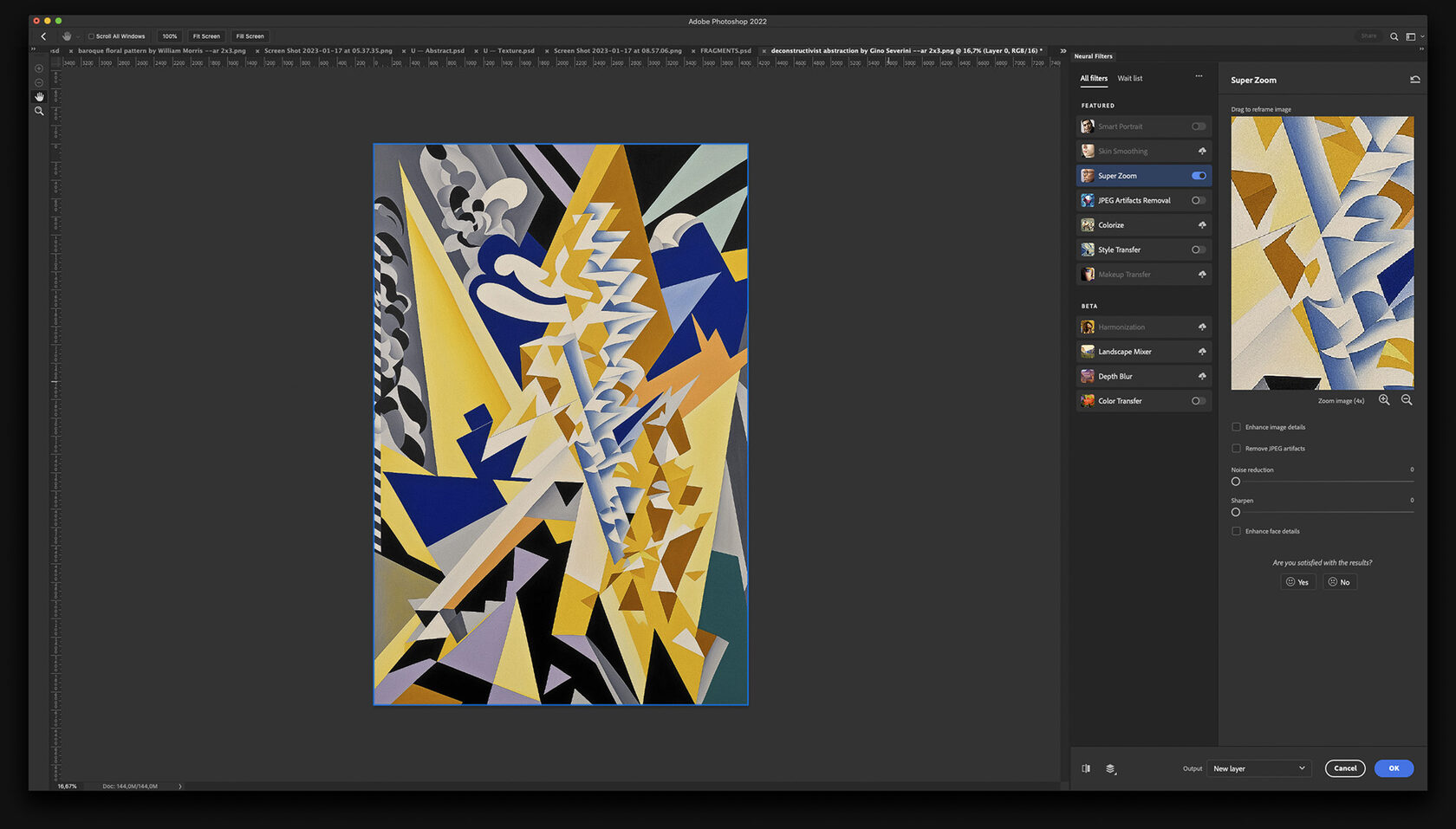 Adobe Photoshop Super Zoom interface showcasing Midjourney prompt for image upscaling techniques.