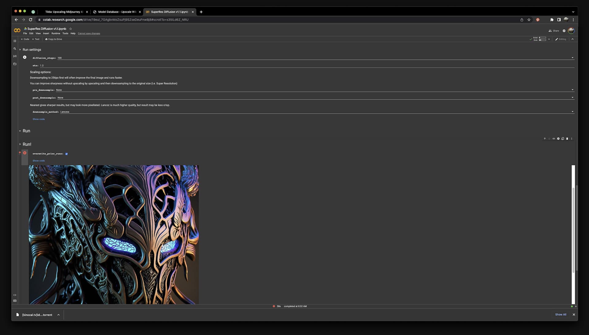 SuperRes Diffusion interface showcasing Midjourney prompt for AI image upscaling techniques.