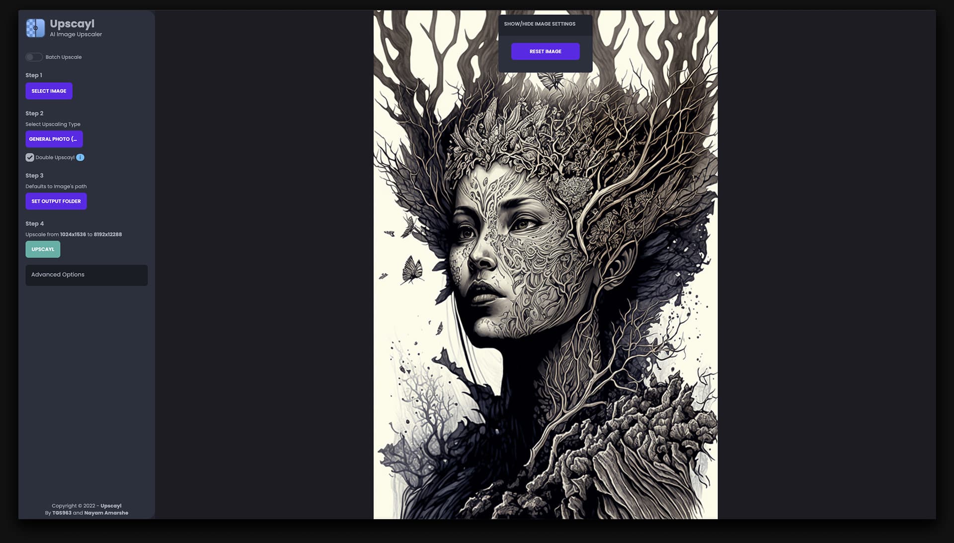 Upscayl AI interface showcasing Midjourney prompt for image upscaling techniques and settings.