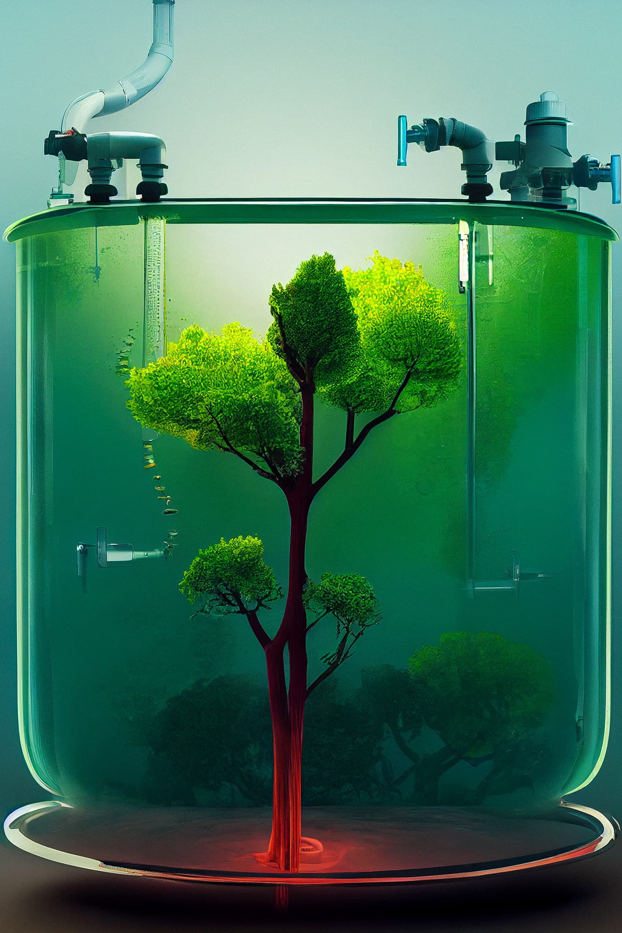 Bioreactor with tree representation, showcasing Midjourney prompt variations --test --creative for visual reinterpretation.