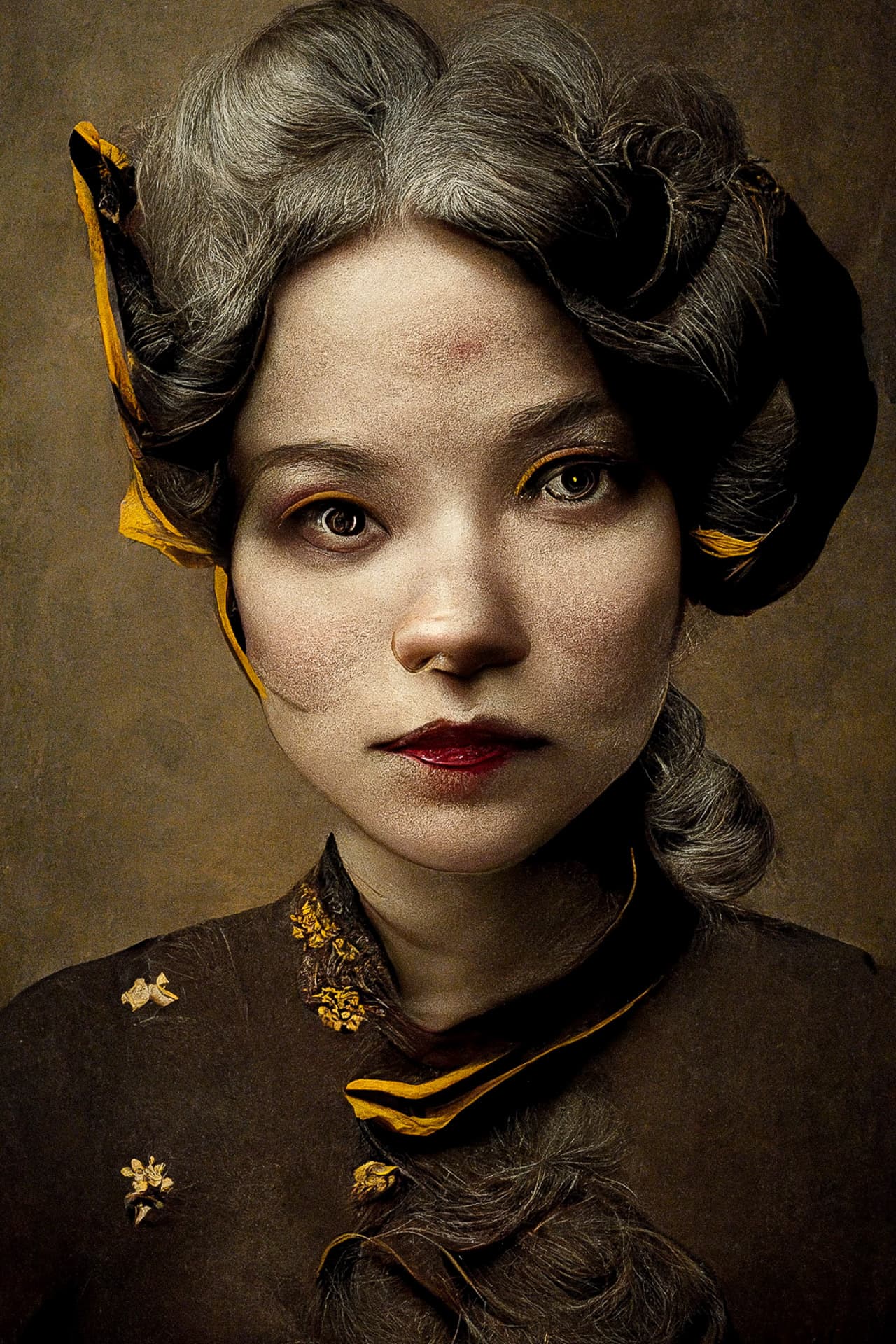 Portrait of a girl by Sacha Goldberger using Midjourney prompt variations --v3 for image enhancement.