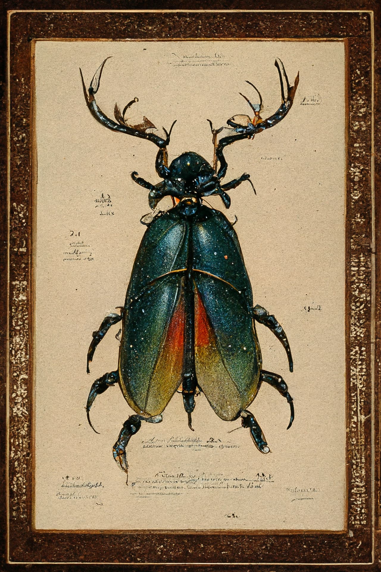 Chromolithography stag beetle --v3 showcasing Midjourney prompt variations for image enhancement and visual reinterpretation.
