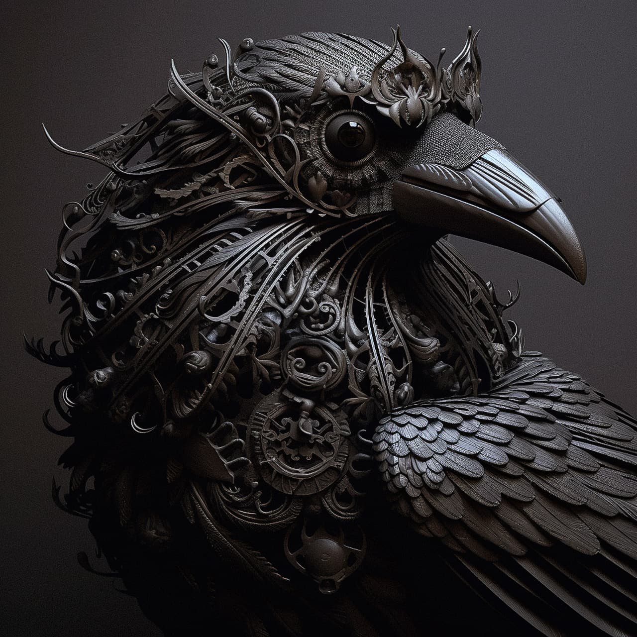Intricate raven god design generated with Midjourney V5, showcasing prompt engineering and advanced detail accuracy.