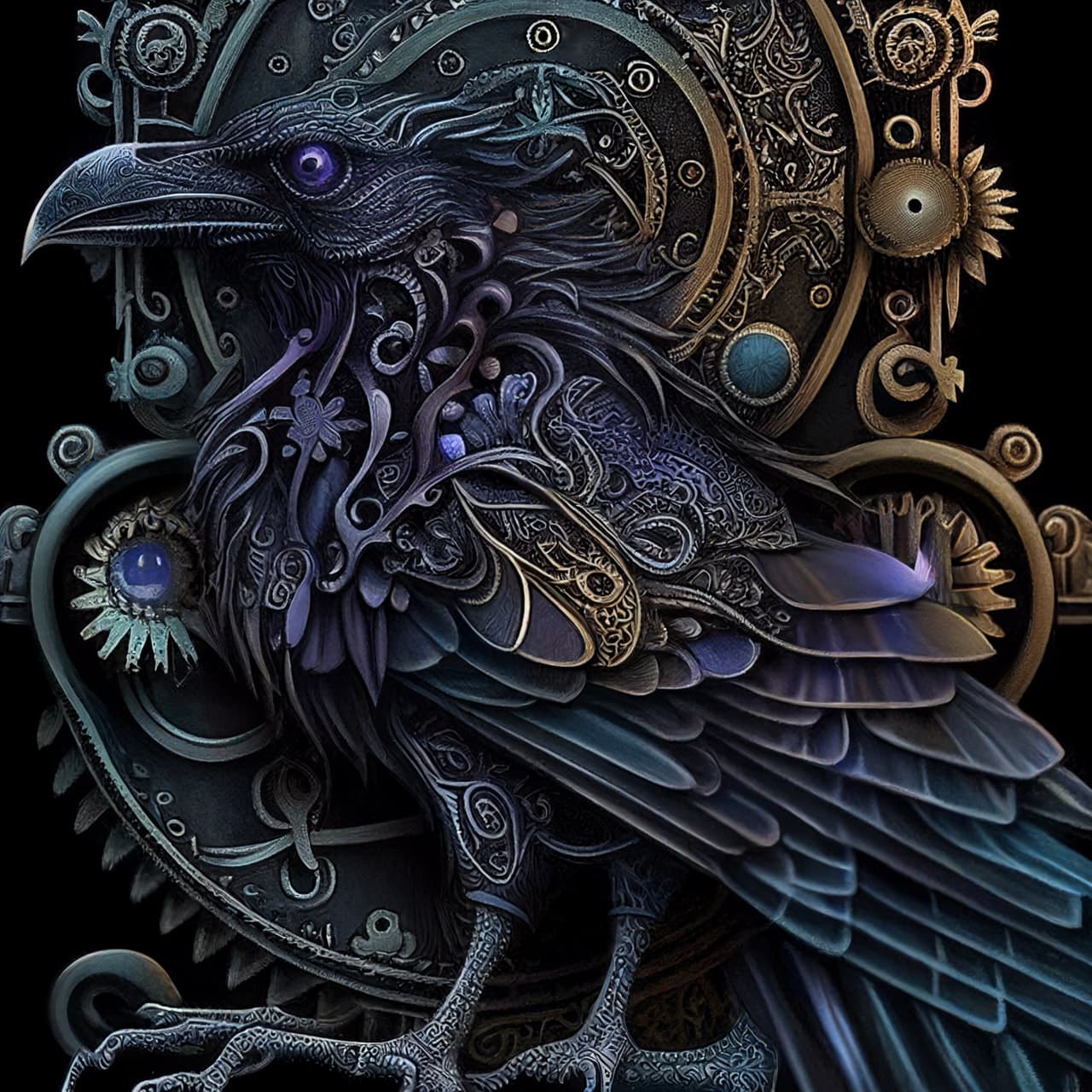 Intricate raven god artwork generated using Midjourney prompt techniques, showcasing advanced detail and stylistic elements.