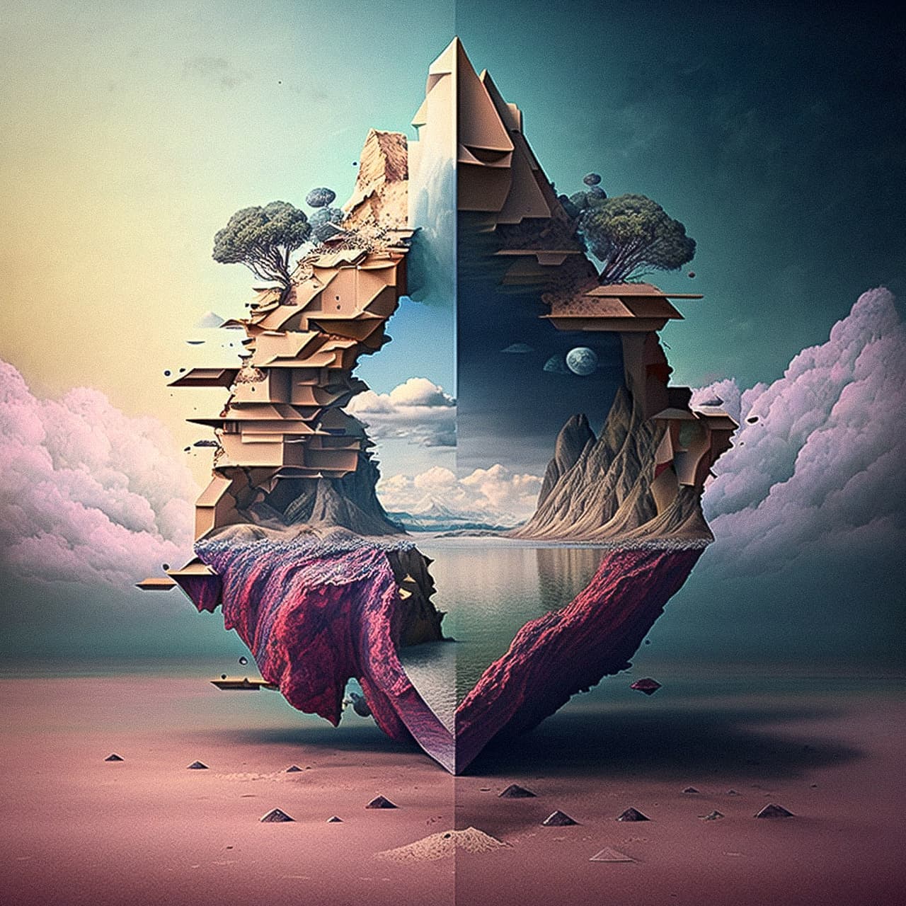 Midjourney prompt showcasing surreal landscape with geometric forms, enhanced photorealism, and artistic styles, reflecting V5 capabilities.