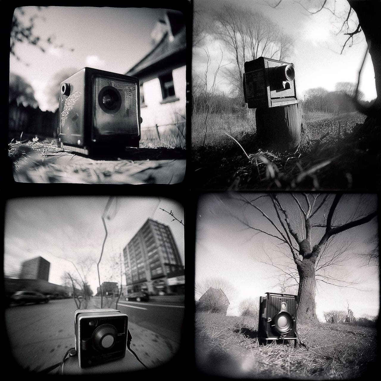 Pinhole photography examples showcasing Midjourney prompt engineering, emphasizing photorealism and artistic styles in V5.