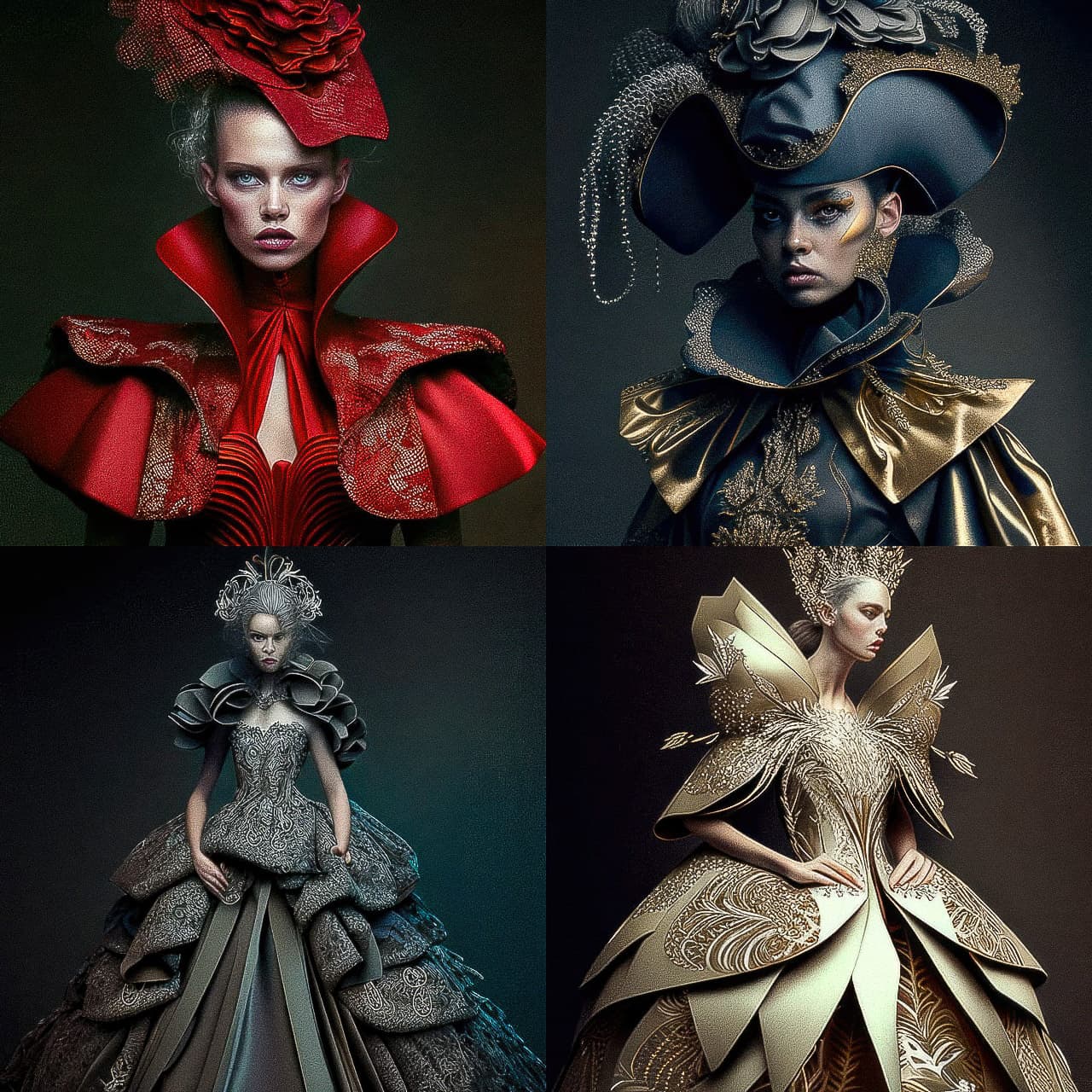 Haute couture fashion designs generated by Midjourney using prompt engineering techniques for V4.