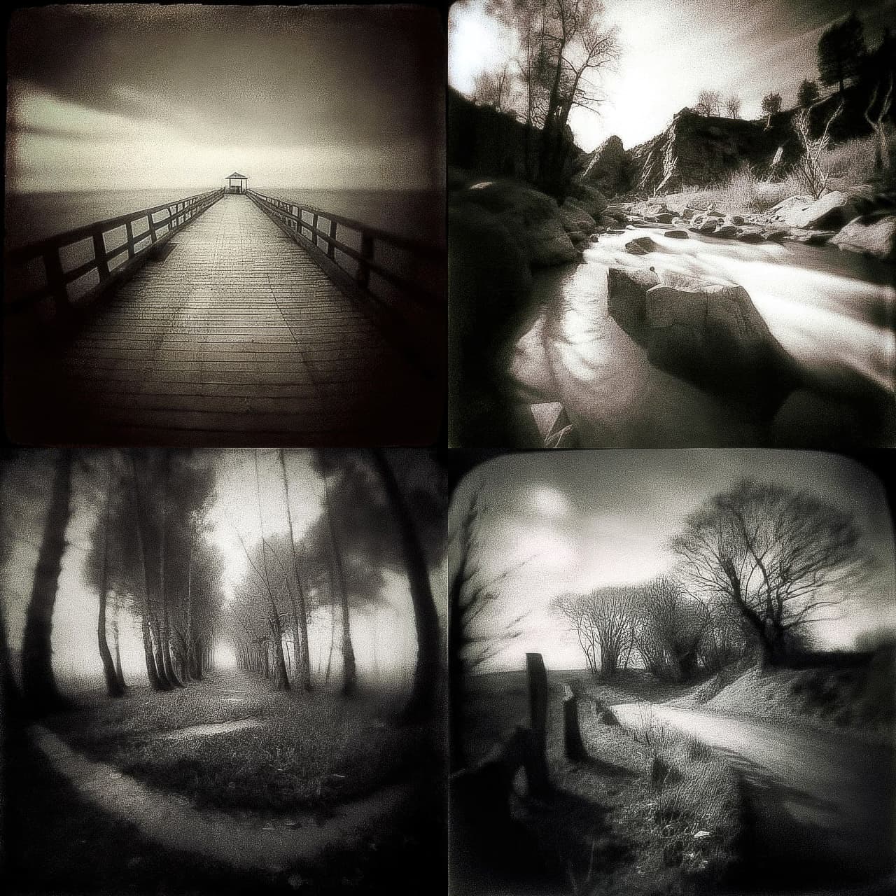 Pinhole photography examples showcasing landscapes, water scenes, and pathways generated using Midjourney prompt techniques.