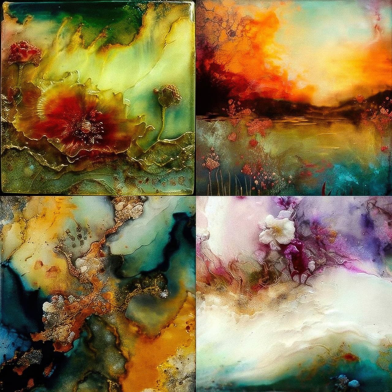 Midjourney prompt showcasing encaustic paint techniques, V4, featuring vibrant colors, abstract designs, and artistic styles in AI-generated images.