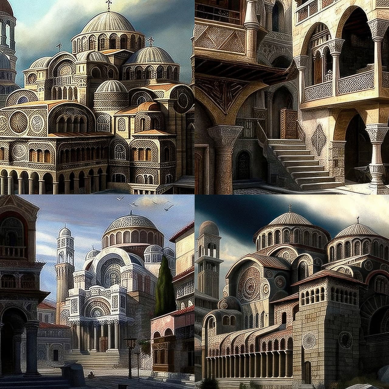 Byzantine architecture generated with Midjourney prompt, showcasing detailed structures and stylistic elements.