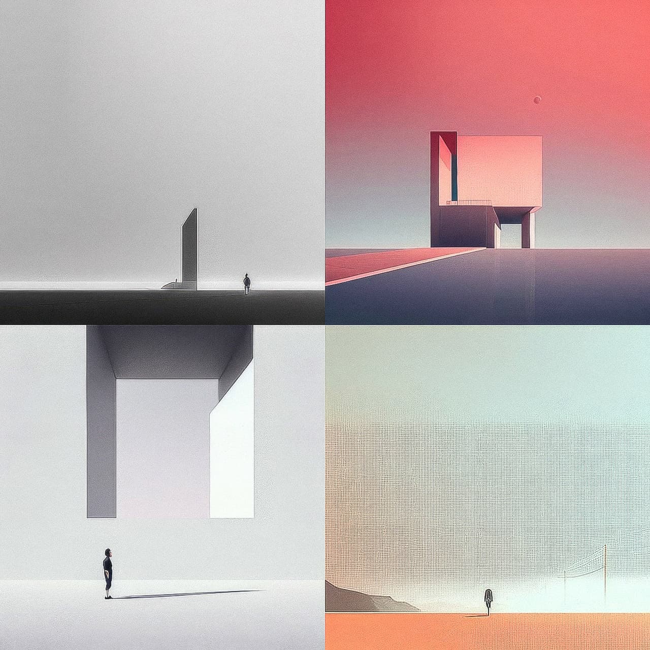 Midjourney prompt showcasing minimalism in V4, featuring abstract structures and landscapes, emphasizing spatial relationships and color contrasts.