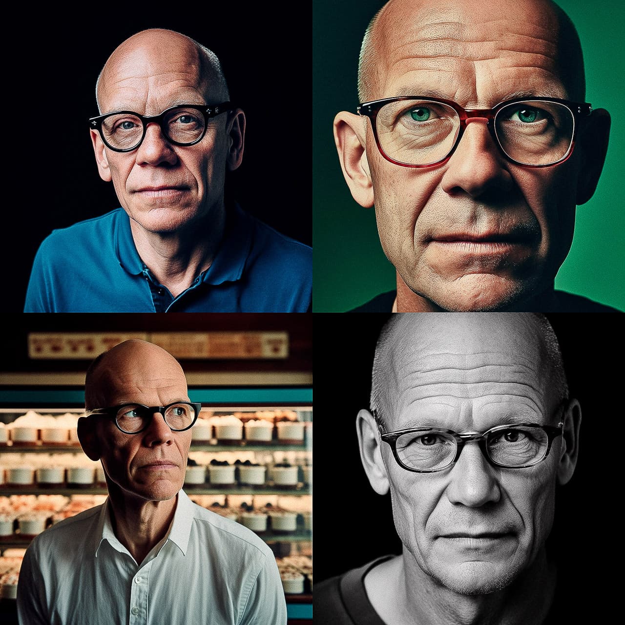 Midjourney prompt showcasing four portraits emphasizing detail accuracy, photorealism, and artistic styles --v 5 by Erik Spiekermann