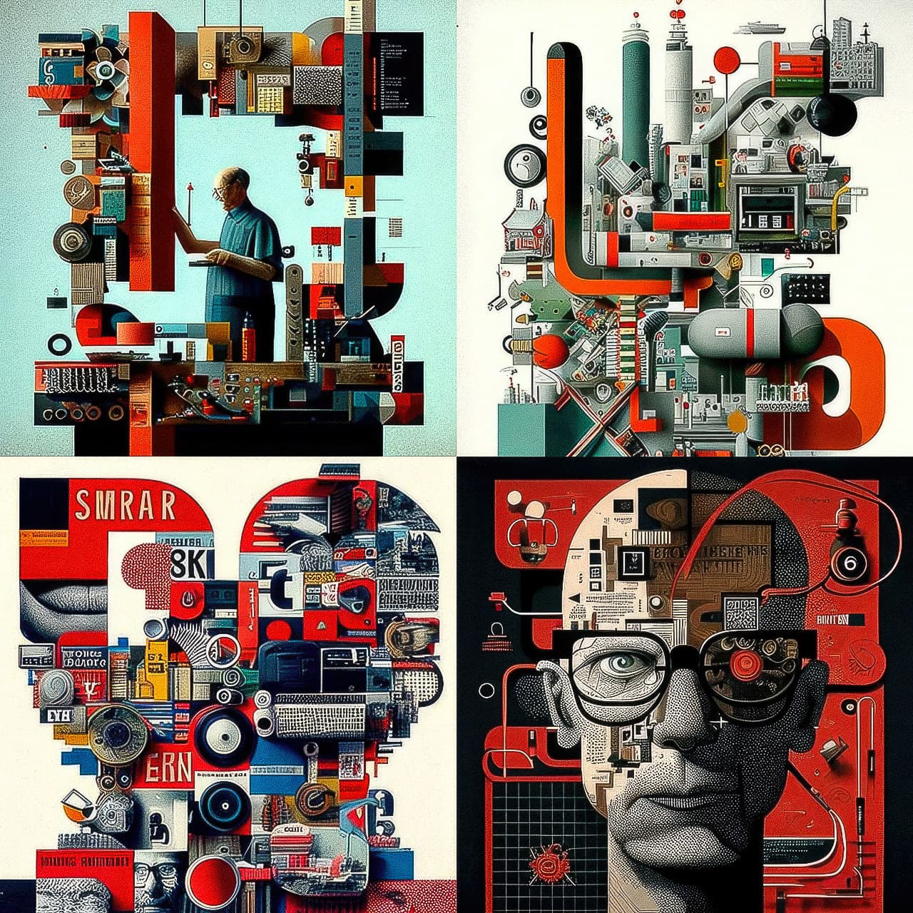 Midjourney prompt showcasing abstract art styles, complex compositions, and detailed imagery by Erik Spiekermann --v 4.