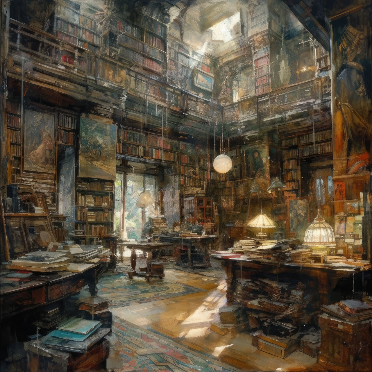 Midjourney prompt showcasing detailed library interior, photorealism, artistic styles, enhanced lighting, version 5 features.