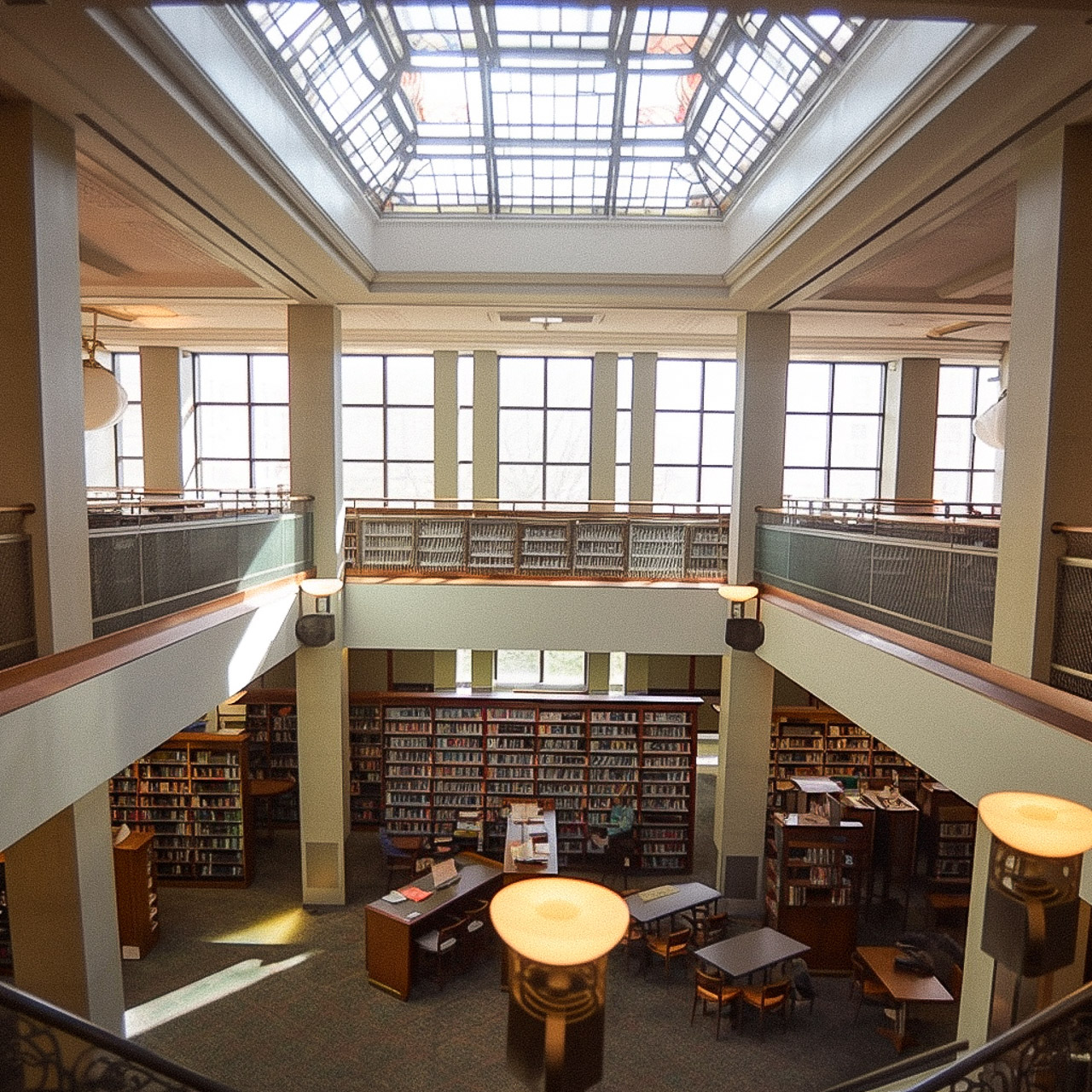 Midjourney prompt showcasing library interior, emphasizing architectural details, lighting, and spatial arrangement for AI-generated imagery.