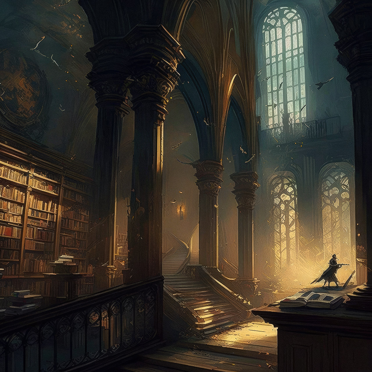 Midjourney prompt engineering for photorealistic library scene, showcasing detailed architecture and atmospheric lighting.