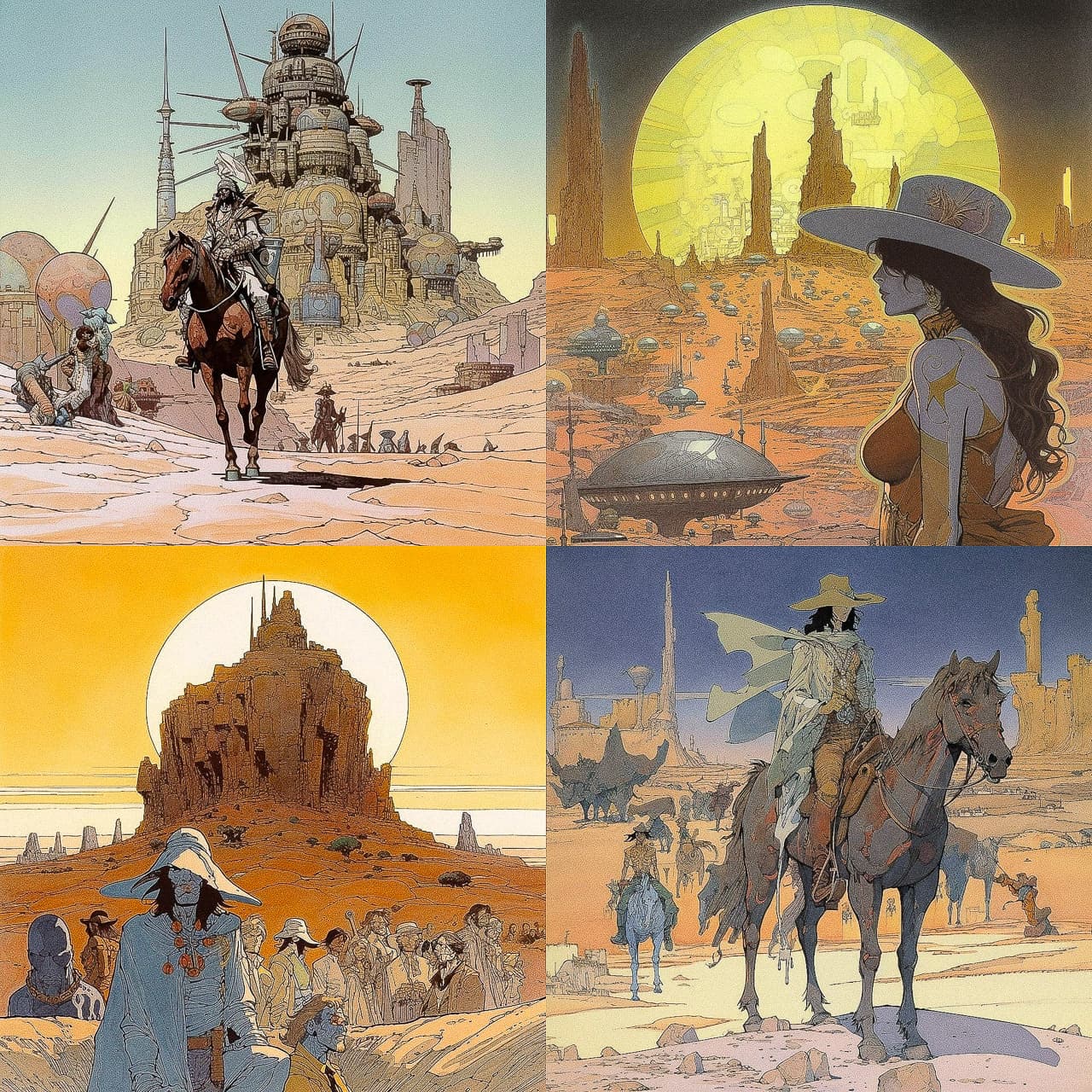 Midjourney prompt showcasing Moebius-inspired landscapes, featuring futuristic architecture, desert scenes, and character designs in V5 style.