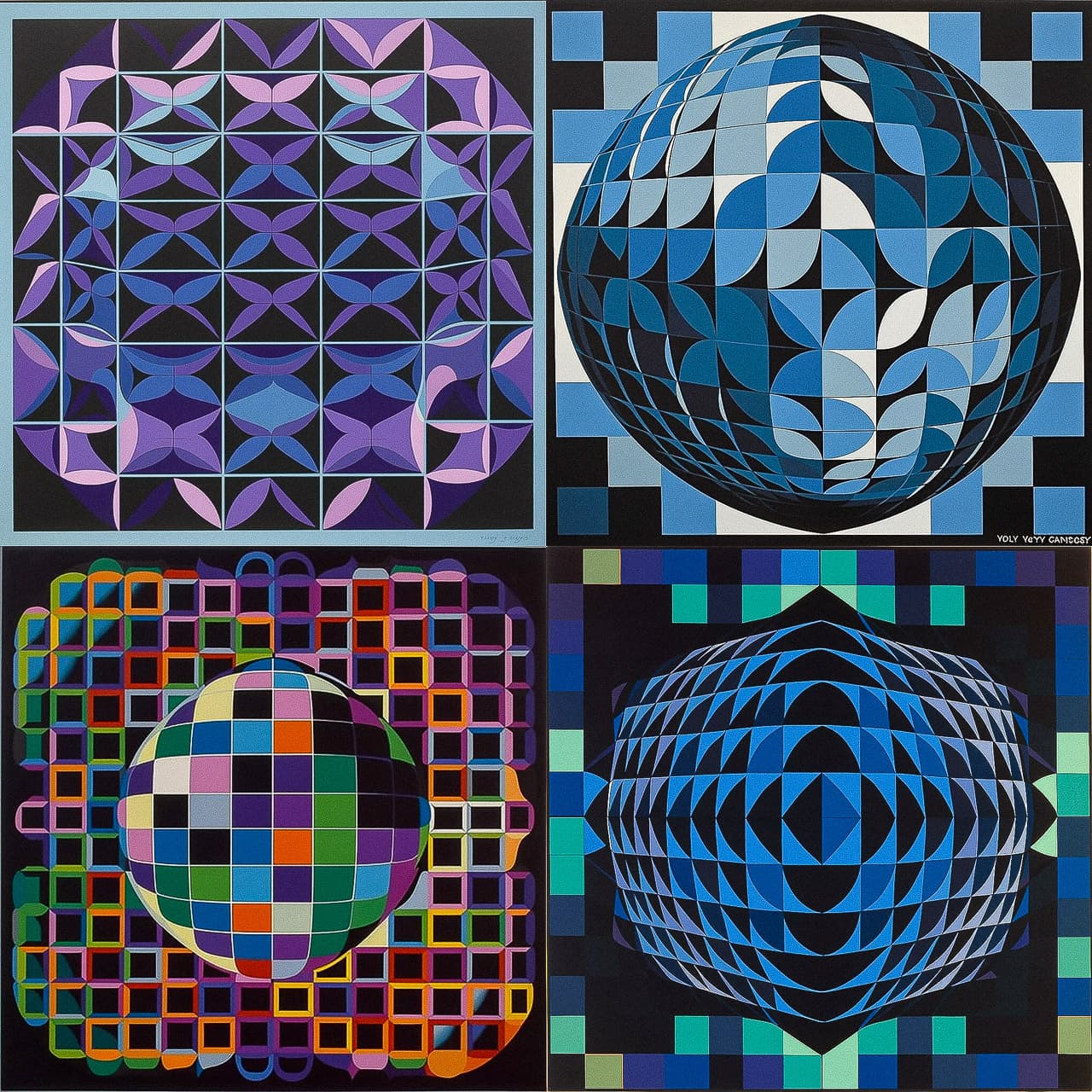 Midjourney prompt showcasing Victor Vasarely's geometric art style, emphasizing photorealism, detail accuracy, and artistic techniques in V5.