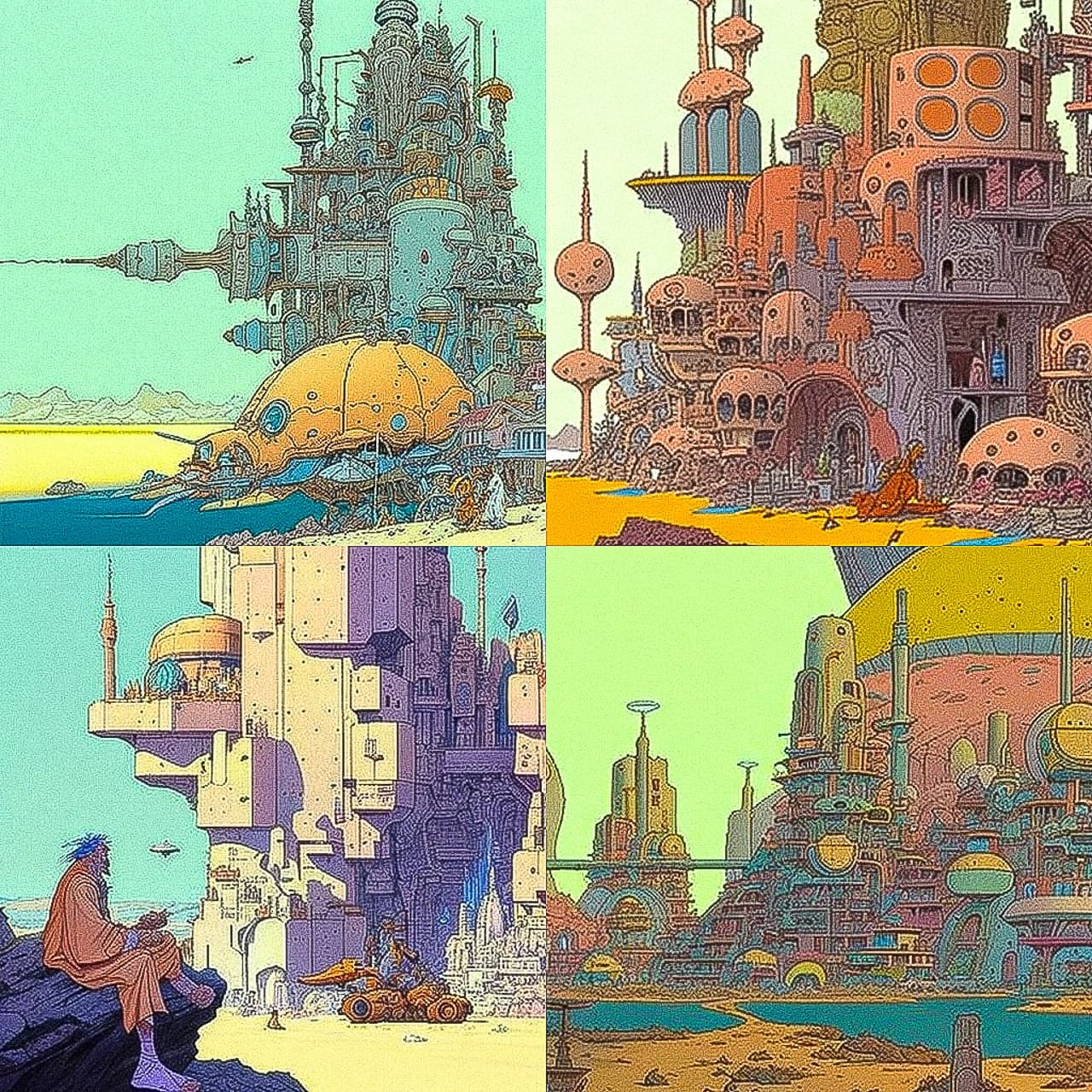 Midjourney prompt showcasing futuristic cityscapes with diverse architectural styles and vibrant colors, inspired by Moebius --v 4.