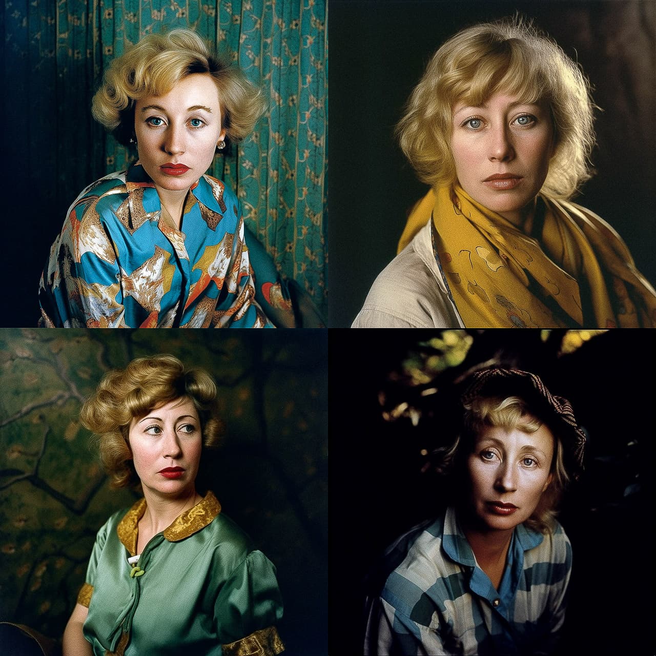 Midjourney prompt showcasing Cindy Sherman-inspired portraits, emphasizing photorealism, detail accuracy, and artistic styles in V5.