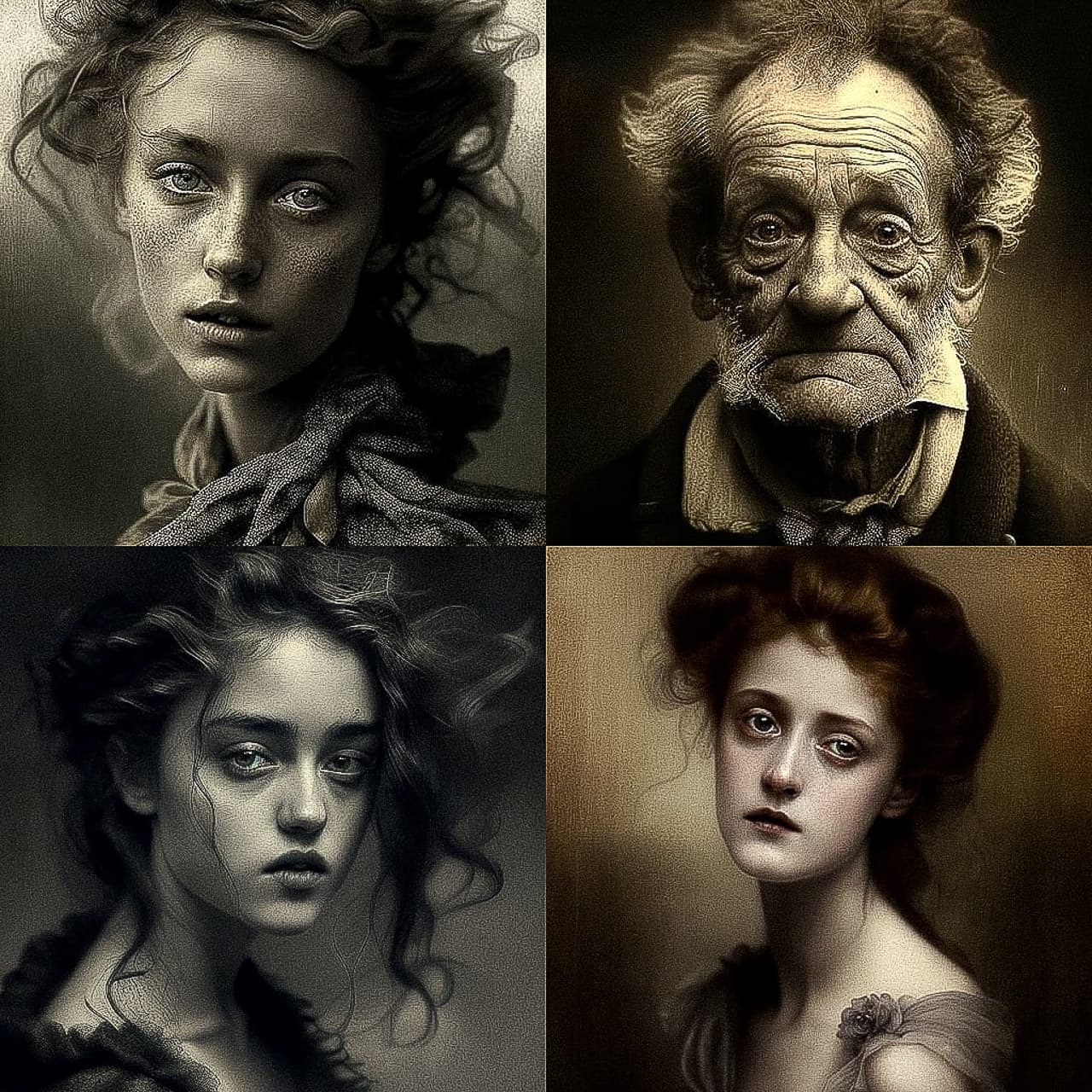 Midjourney prompt showcasing diverse portraits, emphasizing photorealism, detail accuracy, and artistic styles in AI-generated images.