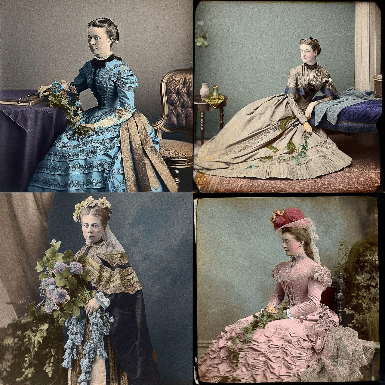 Hand-colored photographs of women in historical dresses, showcasing Midjourney prompt engineering for detailed imagery and artistic styles.