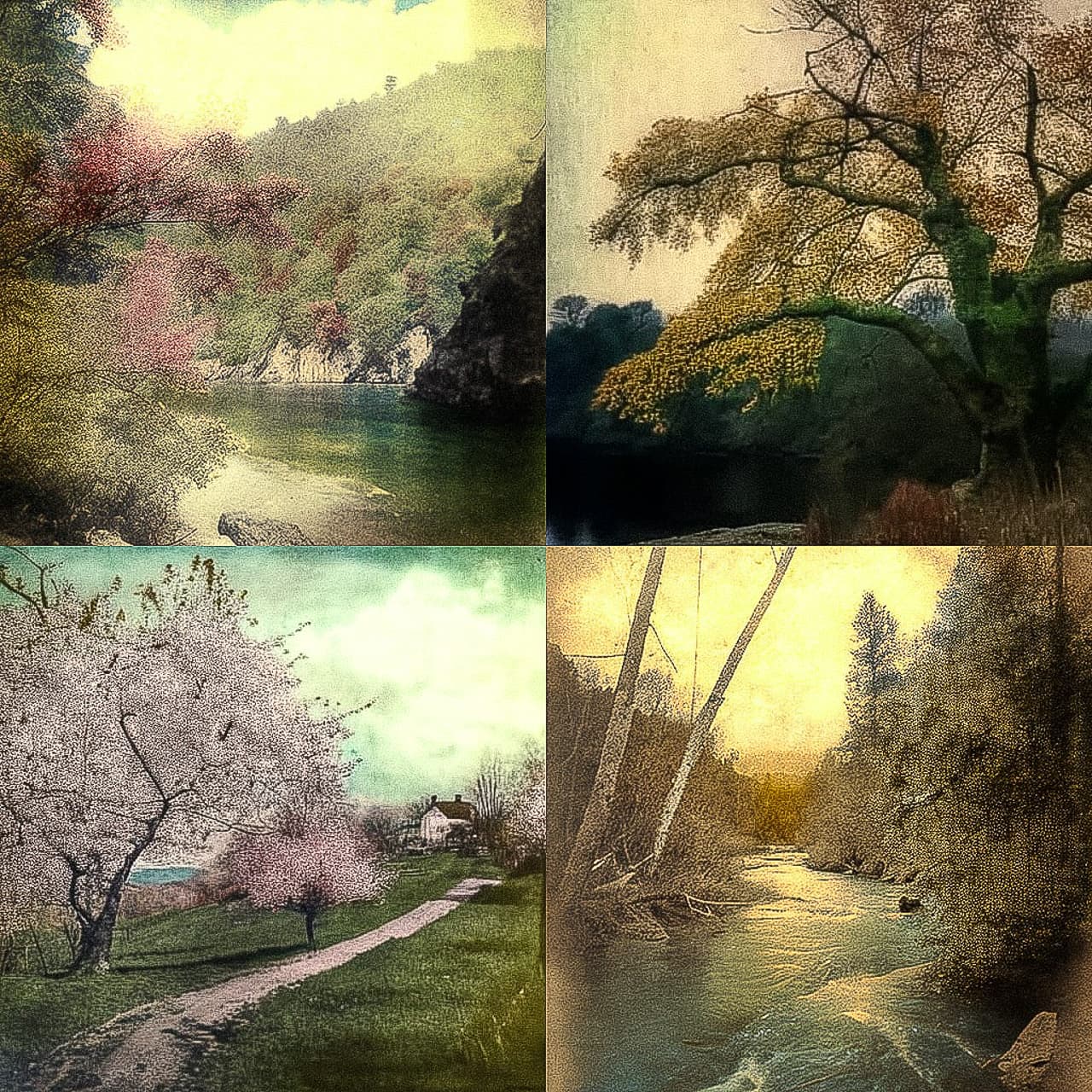 Hand-colored photographs showcasing nature scenes, demonstrating Midjourney prompt engineering and artistic styles in V4.