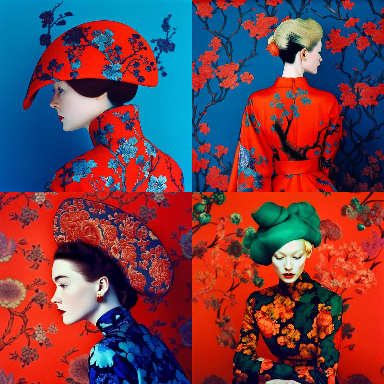 Midjourney prompt showcasing vibrant fashion portraits with floral patterns, emphasizing photorealism and artistic styles in V5.