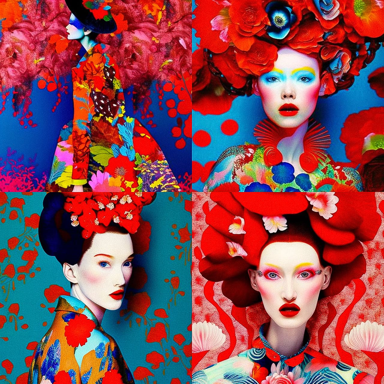 Midjourney prompt showcasing vibrant floral patterns, bold colors, and artistic styles in AI-generated portraits.