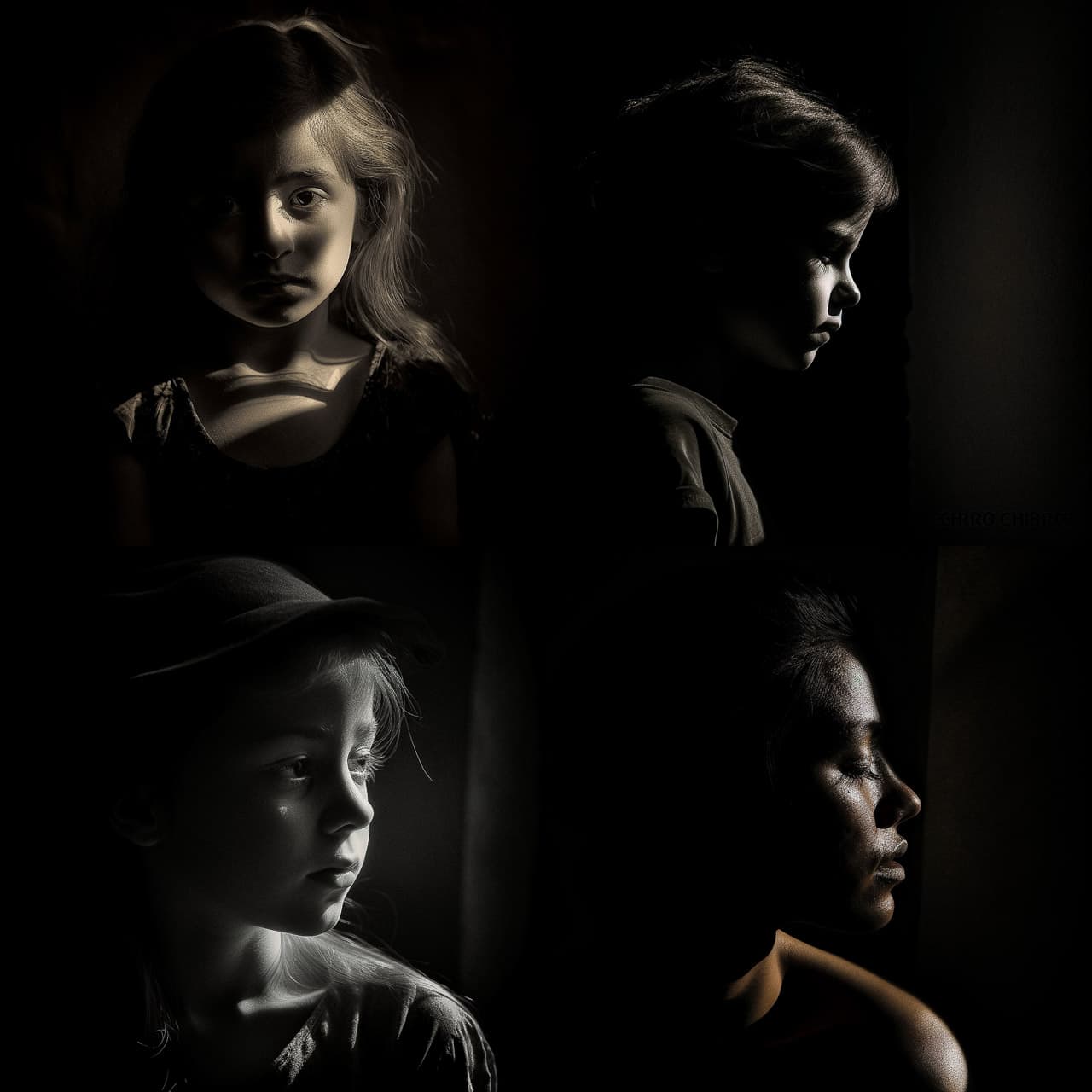 Chiaroscuro portrait showcasing four children, emphasizing light and shadow techniques in Midjourney prompt engineering.