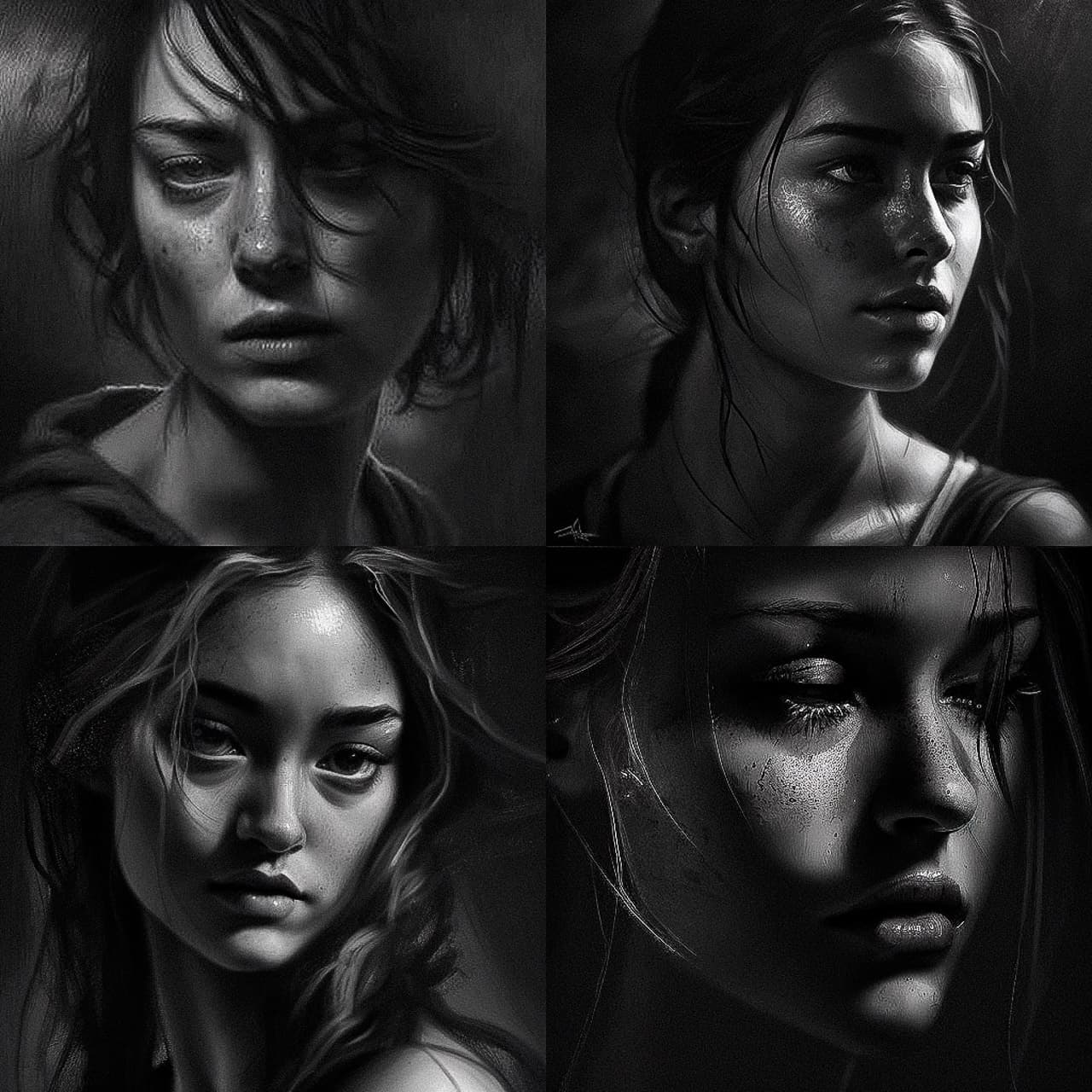 Chiaroscuro portraits generated with Midjourney prompt, showcasing detail accuracy and stylistic range in V4.