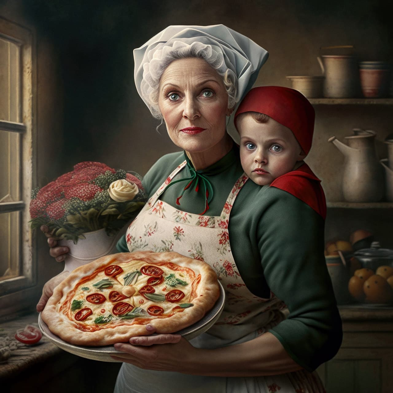 Midjourney prompt for Italian mother holding pizza, showcasing photorealism, detail accuracy, and artistic styles in V4.