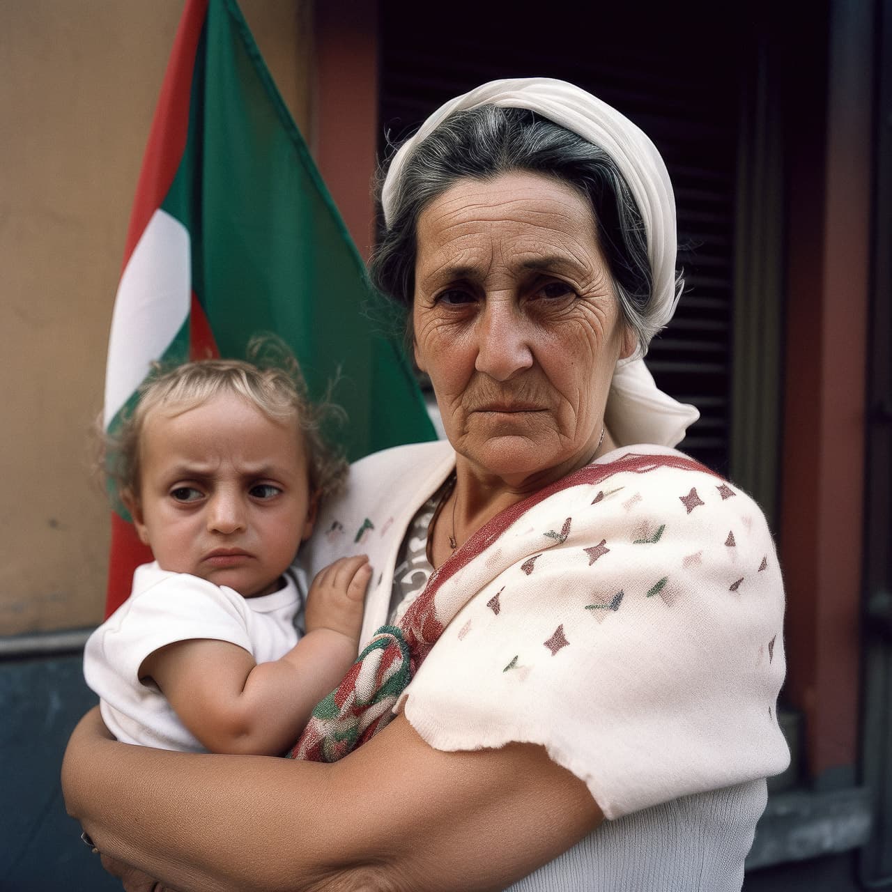 Midjourney prompt for Italian mother portrait, V5 photorealism, detail accuracy, group portrait rendering, artistic styles.