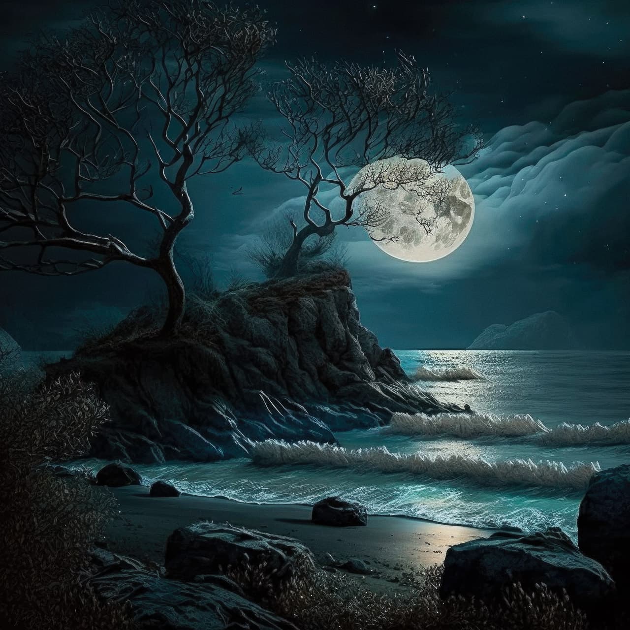 Midjourney prompt for magical night lake scene, showcasing photorealism, detail accuracy, and artistic styles in AI-generated imagery.